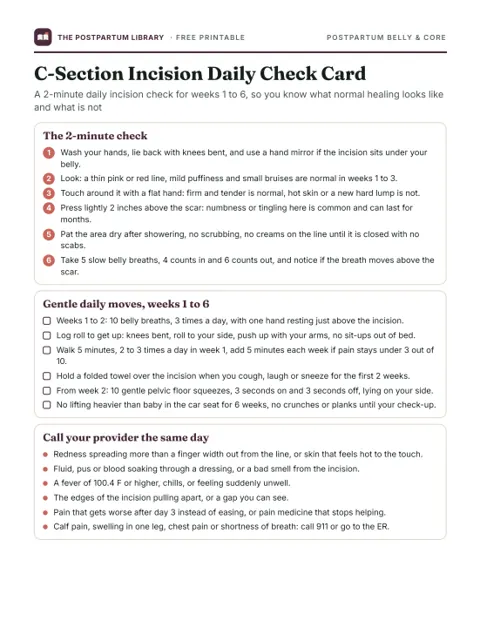 C-Section Incision Daily Check Card (printable preview)